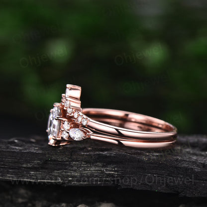 Hexagon moissanite engagement ring set art deco rose gold silver unique vintage engagement ring marquise moissanite ring wedding ring set