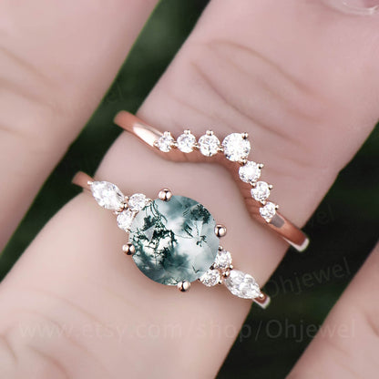 Vintage moss agate engagement ring set for women round cut moss agate wedding ring set art deco moissanite ring set anniversary ring set