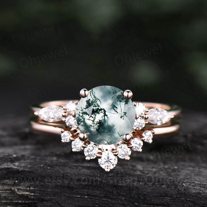 Vintage moss agate engagement ring set for women round cut moss agate wedding ring set art deco moissanite ring set anniversary ring set