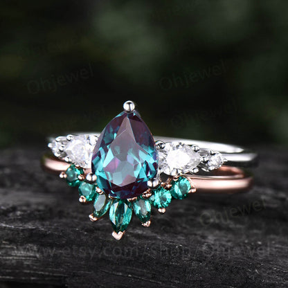 Vintage Alexandrite ring set rose gold silver women pear Alexandrite engagement ring set five stone moissantie ring art deco emerald ring