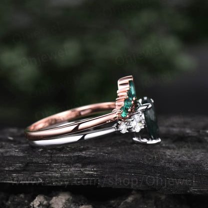 Vintage Alexandrite ring set rose gold silver women pear Alexandrite engagement ring set five stone moissantie ring art deco emerald ring