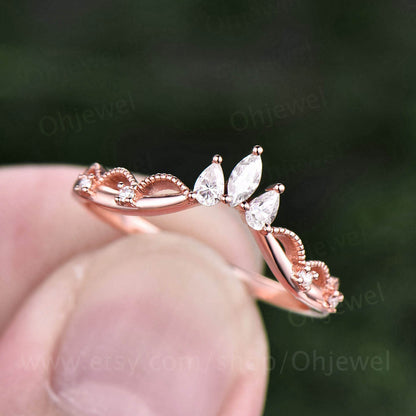 Art deco moissanite wedding band Milgrain crown wedding ring band vintage rose gold silver ring stacking ring women anniversary bridal ring