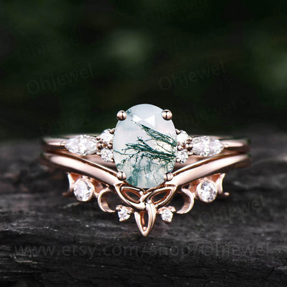 Oval moss agate engagement ring set 14k rose gold marquise cut moissanite ring for women moss agate ring silver norse viking ring Jewelry