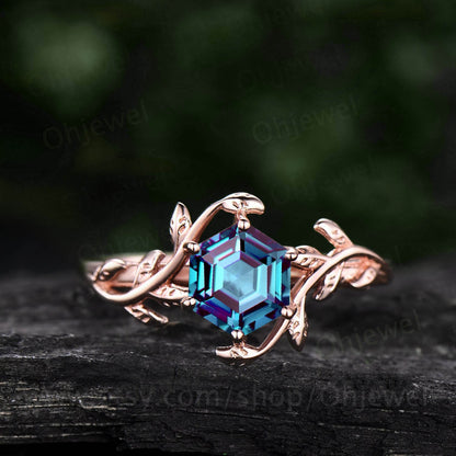 Twig Hexagon Alexandrite engagement ring leaf art deco branches unique vintage solitaire 14k rose gold engagement ring for women wedding