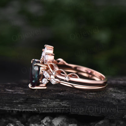 Vintage pear Alexandrite engagement ring set flower marquise moissanite ring rose gold sterling silver ring women unique wedding ring set