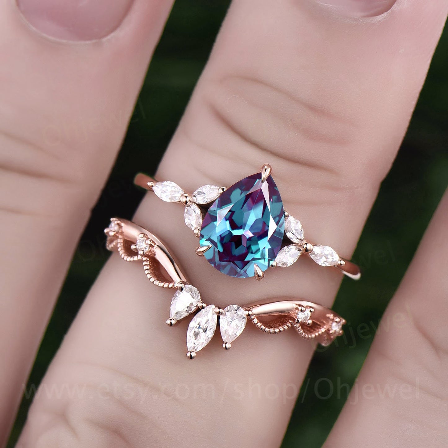 Vintage pear Alexandrite engagement ring set flower marquise moissanite ring rose gold sterling silver ring women unique wedding ring set