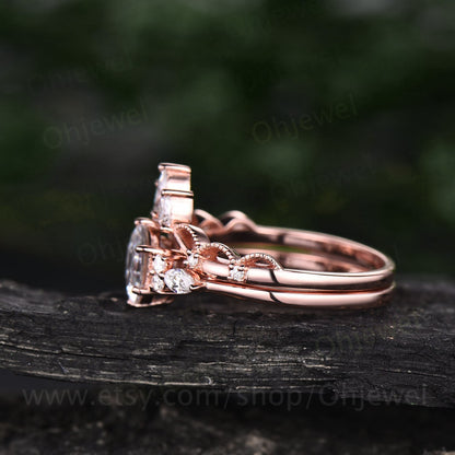 Hexagon Labradorite engagement ring set vintage Labradorite ring rose gold sterling silver women crown milgrain moissantie bridal ring set