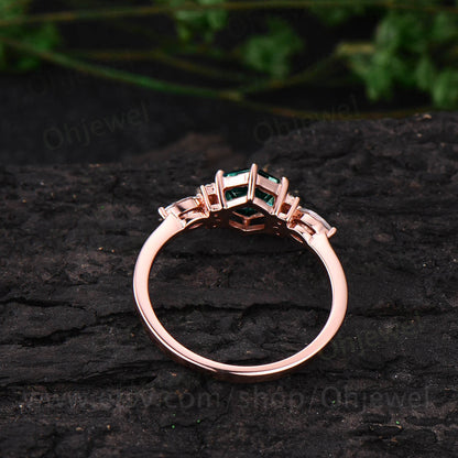 Hexagon emerald ring dainty vintage emerald engagement ring 7 stone marquise moissanite ring rose gold silver for women bridal promise ring
