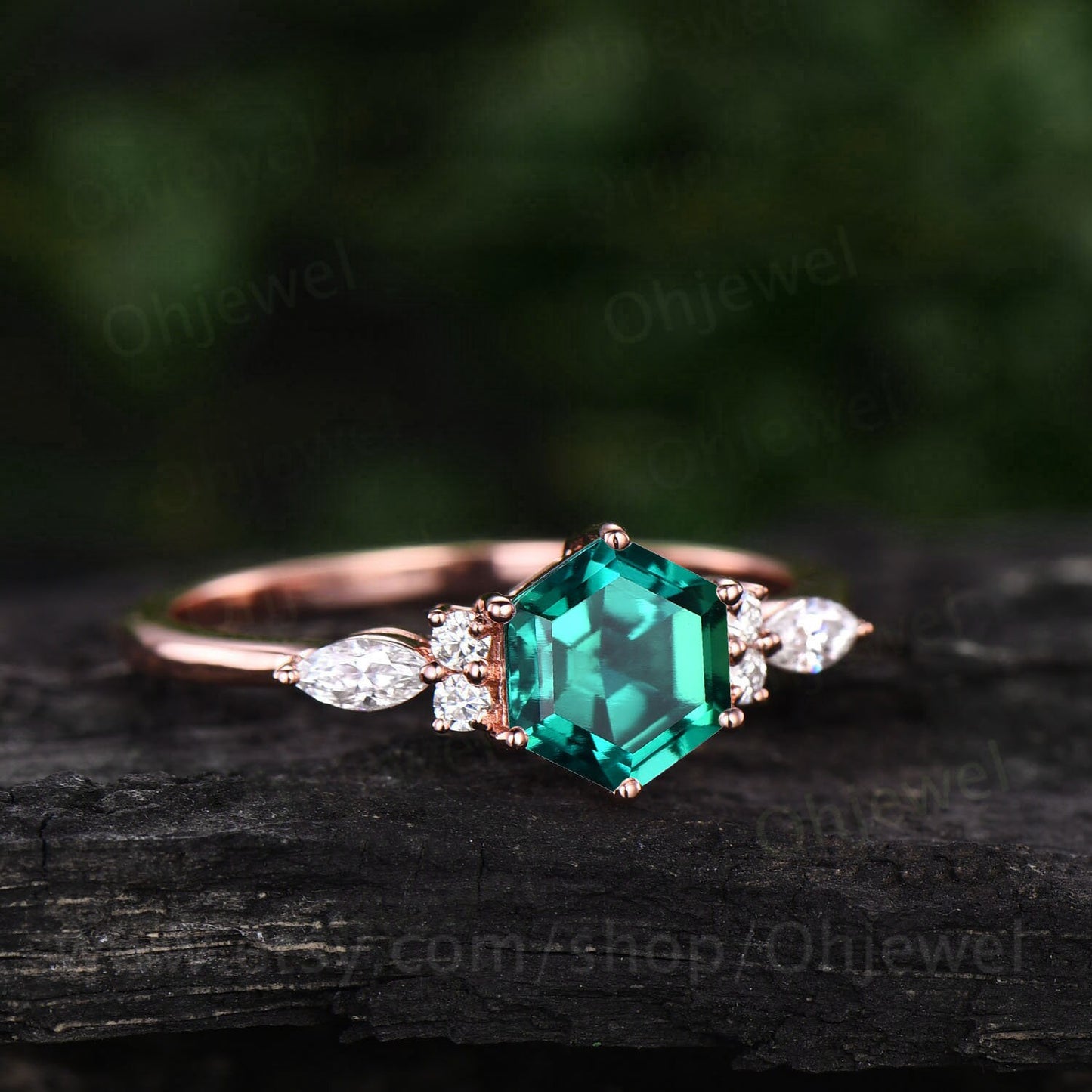 Hexagon emerald ring dainty vintage emerald engagement ring 7 stone marquise moissanite ring rose gold silver for women bridal promise ring