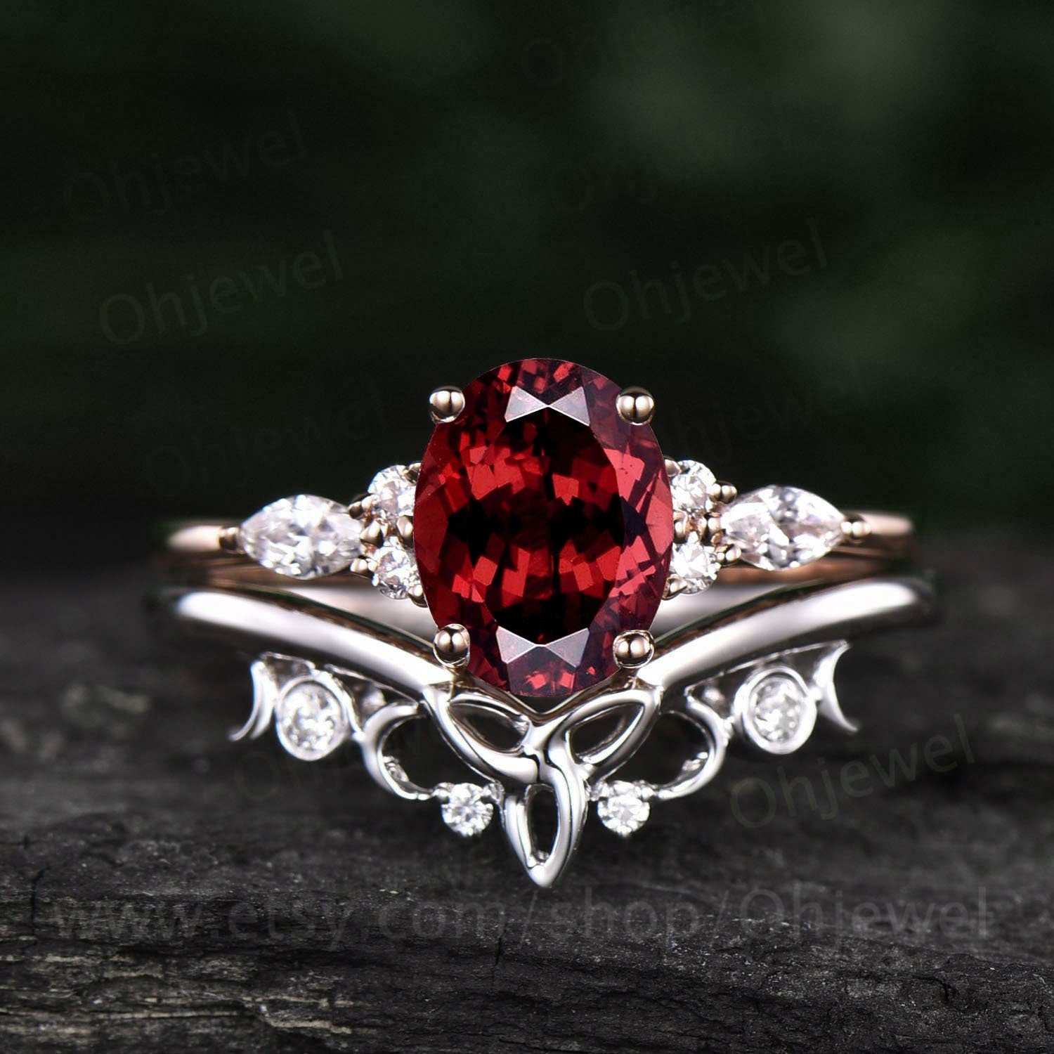 Oval cut garnet engagement ring set art deco vintage vintage garnet ring gold for women sterling silver moissanite Norse Viking ring jewelry