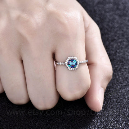 Hexagon Alexandrite engagement ring white gold minimalist vintage unique halo moissanite engagement ring six prong wedding ring for women