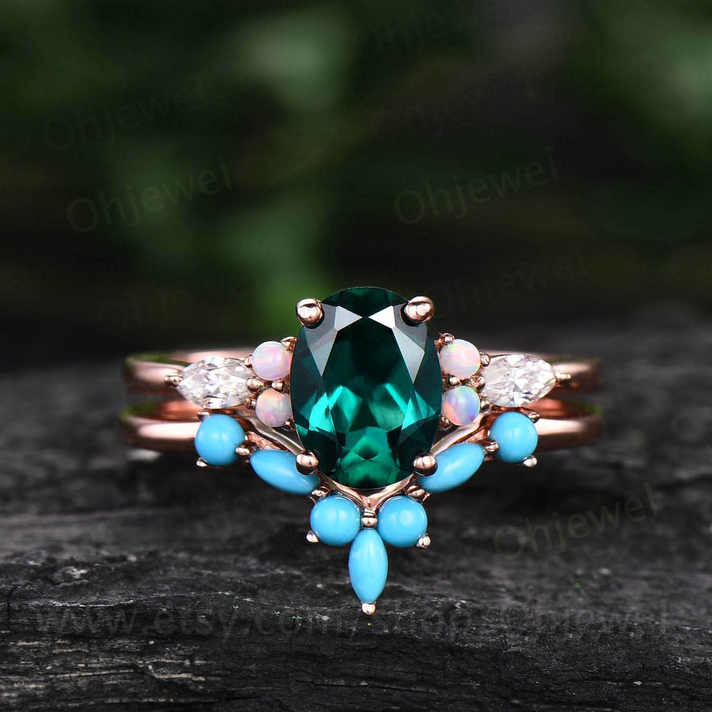 Oval emerald engagement ring set 14k rose gold vinatge opal ring marquise moissanite ring for women turquoise wedding band engagement ring