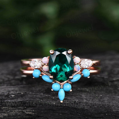 Oval emerald engagement ring set 14k rose gold vinatge opal ring marquise moissanite ring for women turquoise wedding band engagement ring