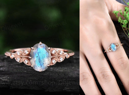Oval Alexandrite engagement ring leaf flower marquise milgrain unique vintage rose gold engagement ring for women anniversary wedding ring