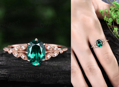 Vintage oval cut green moss agate engagement ring leaf flower ring milgrain rose gold moissanite ring for women unique bridal wedding ring