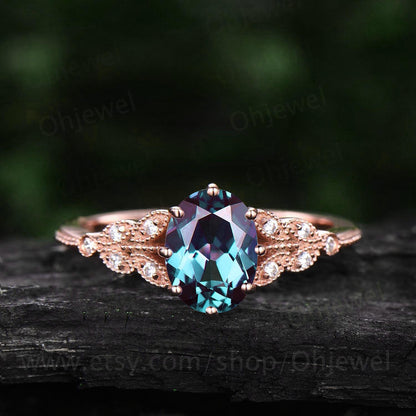 Oval Alexandrite engagement ring leaf flower marquise milgrain unique vintage rose gold engagement ring for women anniversary wedding ring