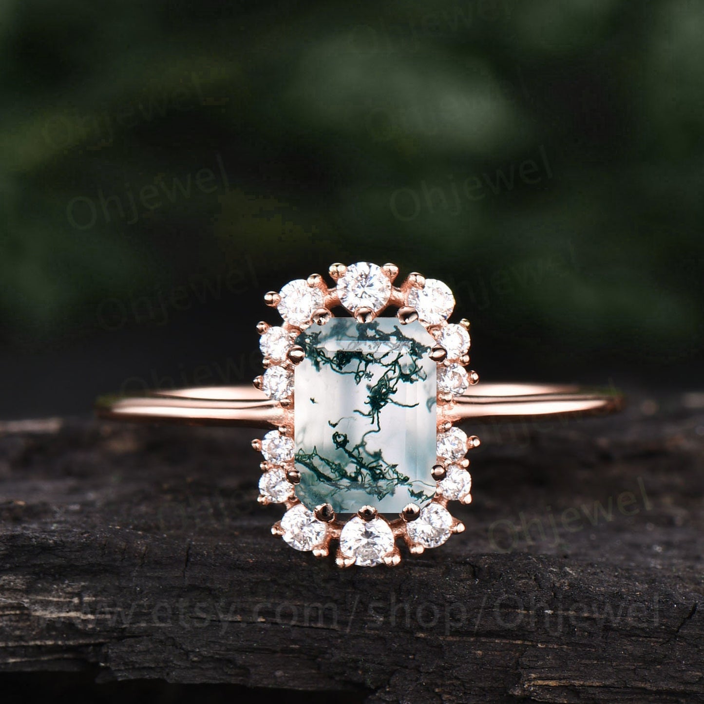 Unique moss agate ring emerald cut moss agate engagement ring for women vintage cluster halo moissanite ring gold silver dainty jewelry gift