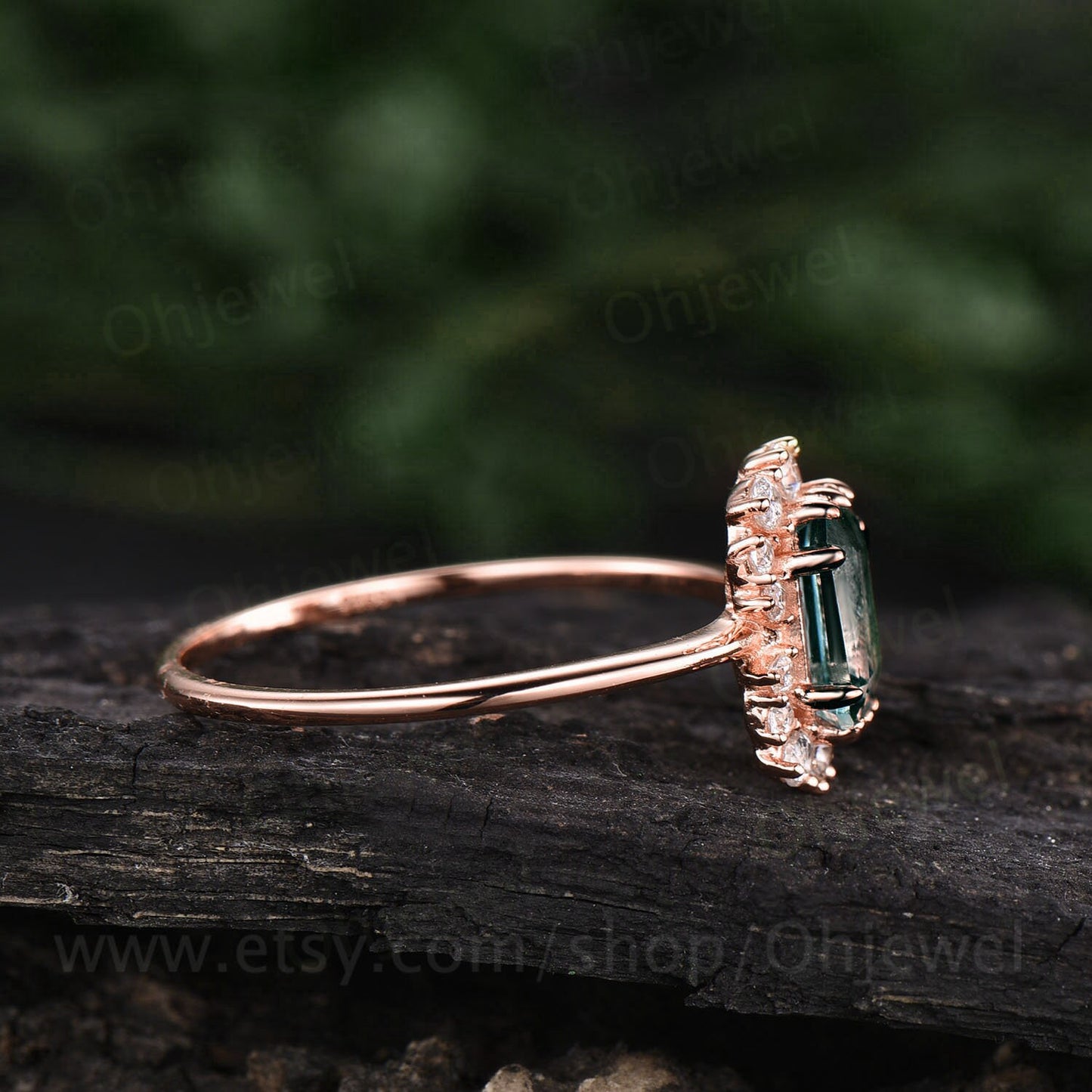 Unique moss agate ring emerald cut moss agate engagement ring for women vintage cluster halo moissanite ring gold silver dainty jewelry gift