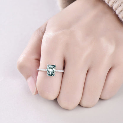Green moss agate ring unique emerald cut moss agate engagement ring vintage eternity diamond ring for women solid gold sterling silver ring