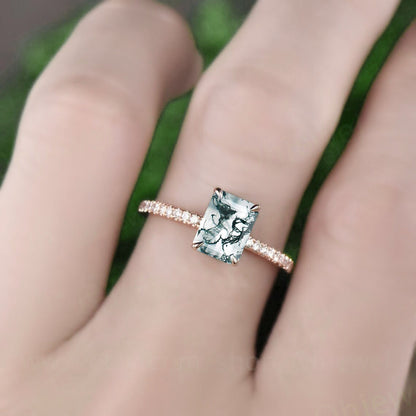 Green moss agate ring unique emerald cut moss agate engagement ring vintage eternity diamond ring for women solid gold sterling silver ring