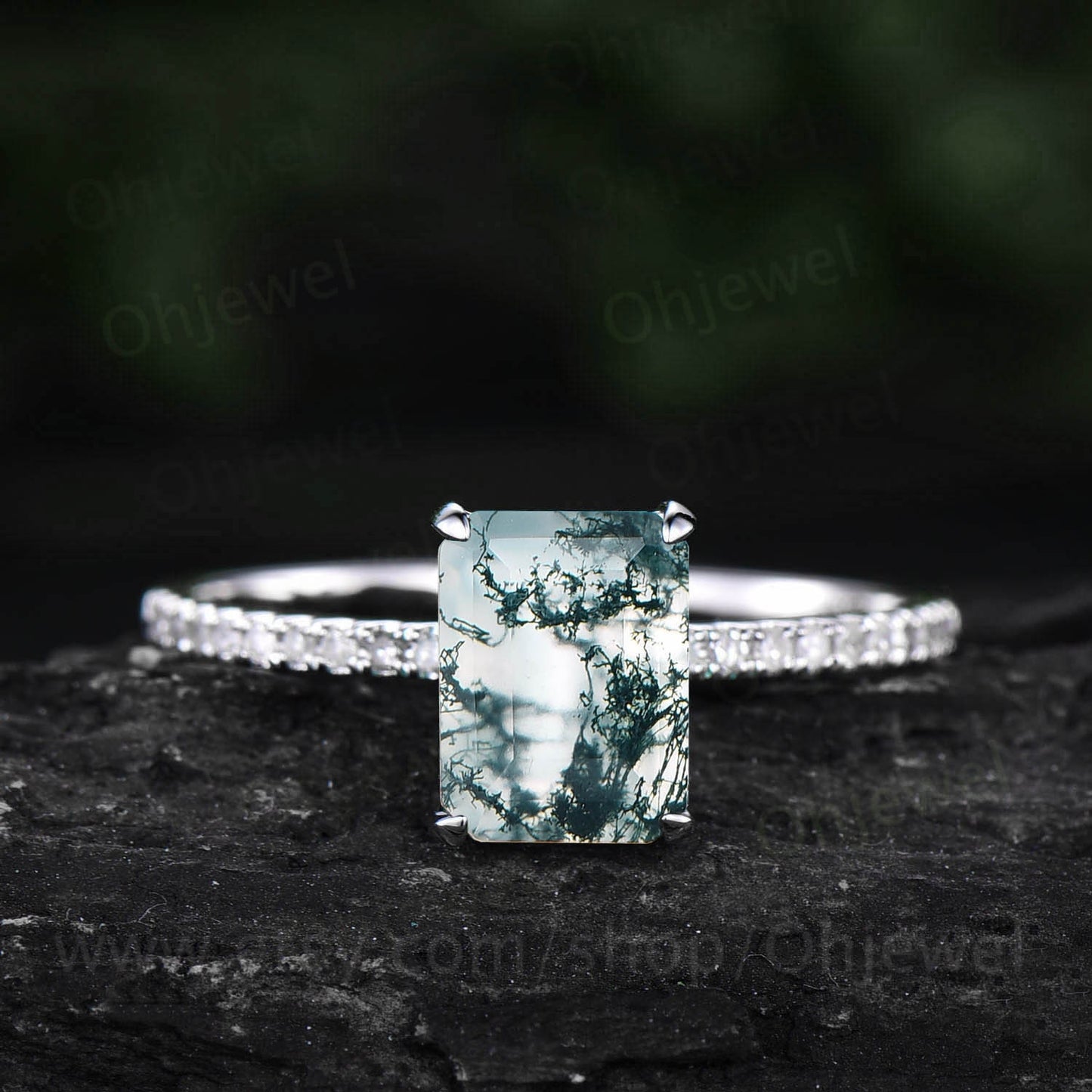 Green moss agate ring unique emerald cut moss agate engagement ring vintage eternity diamond ring for women solid gold sterling silver ring