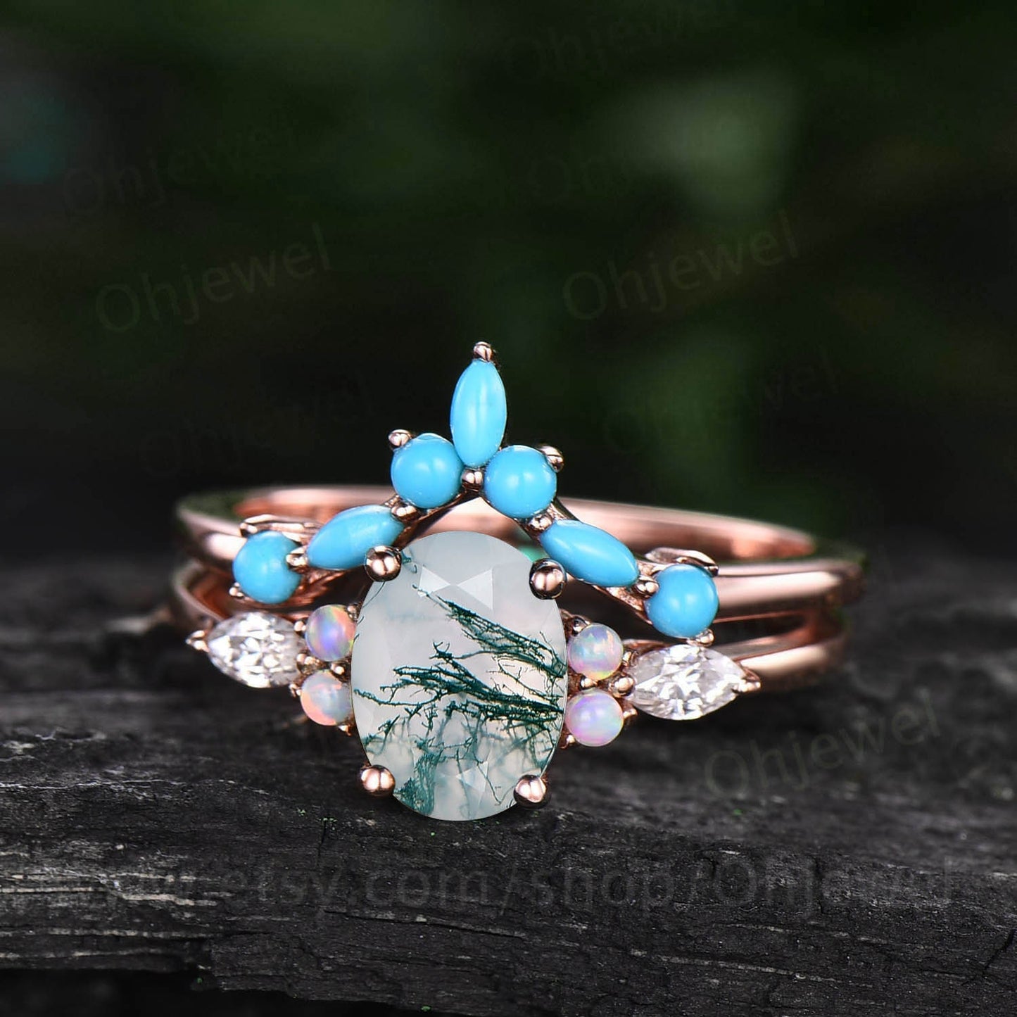 Oval moss agate engagement ring set art deco marquise moissanite ring opal ring for women 18k rose gold engagement ring Turquoise ring band