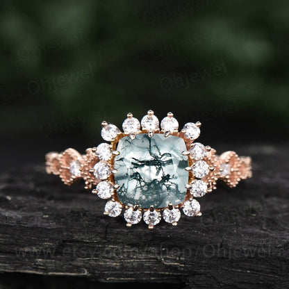 Green moss agate ring for women vintage cushion cut moss agate engagement ring halo cluster milgrain  moissanite ring rose gold promise ring