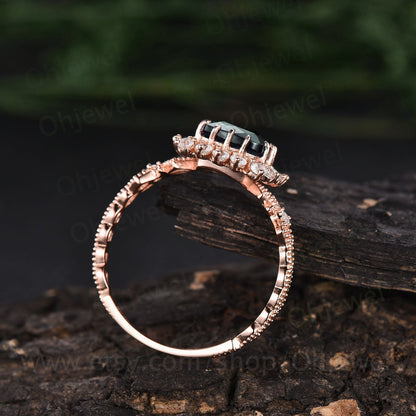 Green moss agate ring for women vintage cushion cut moss agate engagement ring halo cluster milgrain  moissanite ring rose gold promise ring