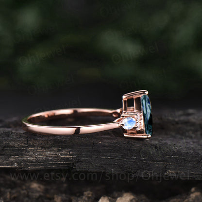 Pear shaped Alexandrite engagement ring 18k rose gold art deco unique vintage moonstone engagement ring moissanite bridal ring for women