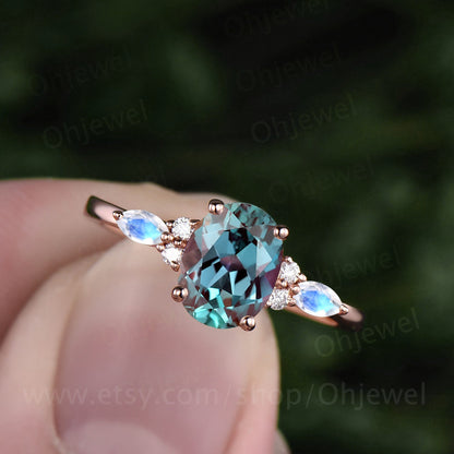 Oval Alexandrite engagement ring rose gold unique vintage marquise moonstone engagement ring 7 stone moissanite ring for women wedding ring