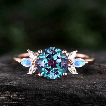 Round Alexandrite engagement ring rose gold vintage unique marquise moonstone engagement ring art deco moissanite ring for women jewelry