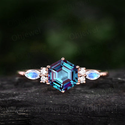 Hexagon cut Alexandrite engagement ring rose gold vintage unique marquise moonstone engagement ring art deco opal wedding ring for women