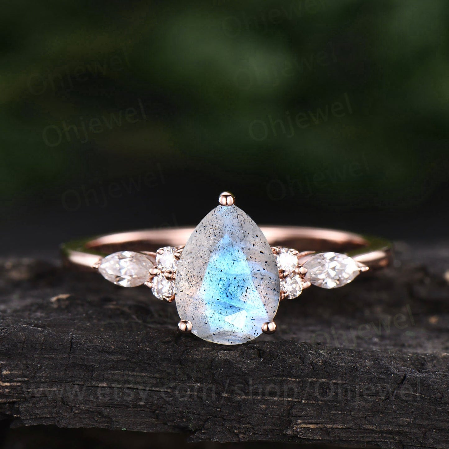 Unique pear shaped labradorite engagement ring art deco 7 stone marquise moissanite ring for women rose gold sterling silver handmade ring