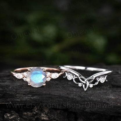 Round labradorite engagement ring set art deco vintage 7 stone moissanite ring for women unique wedding ring set rose gold sterling silver