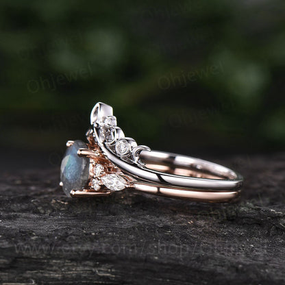 Round labradorite engagement ring set art deco vintage 7 stone moissanite ring for women unique wedding ring set rose gold sterling silver