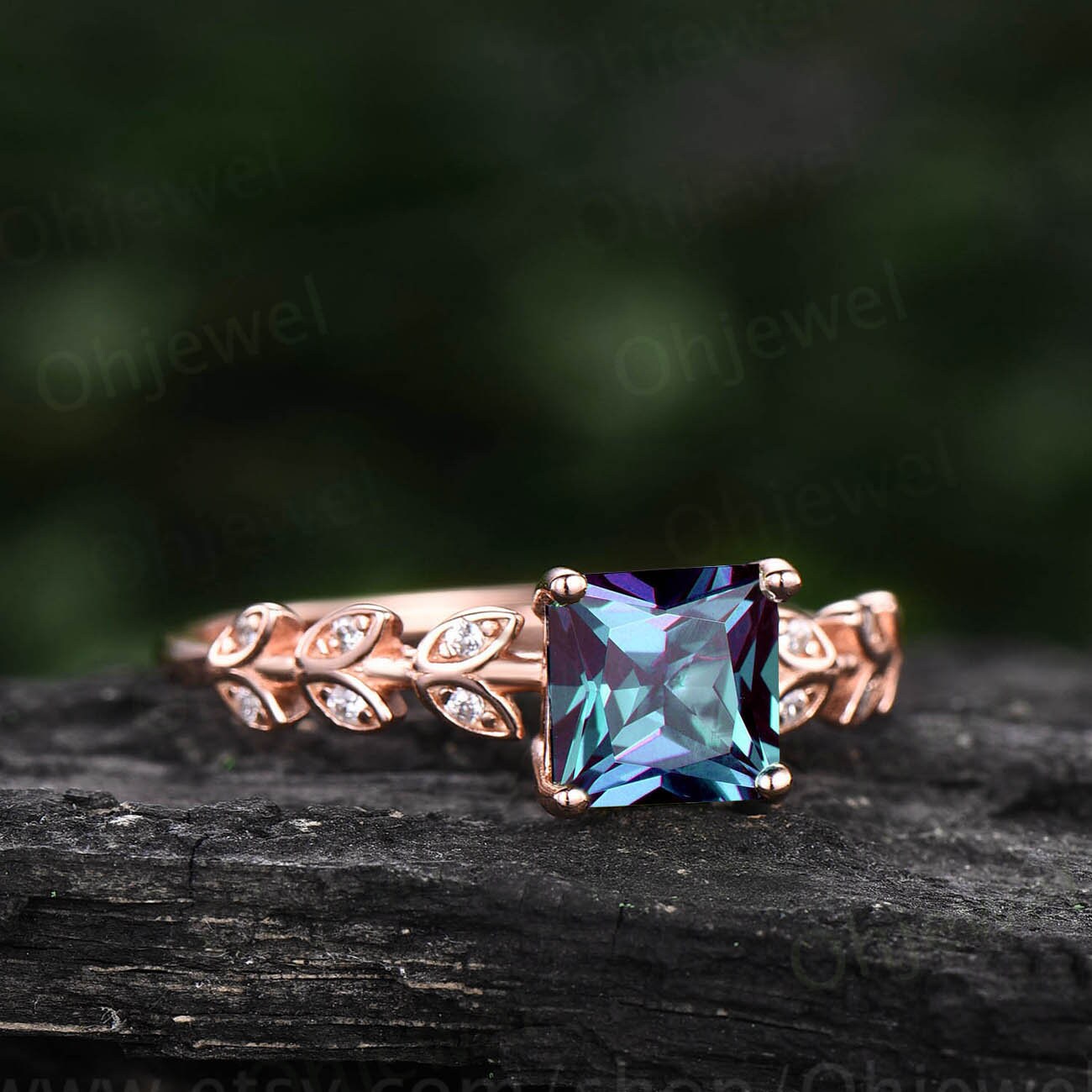Princess cut Alexandrite engagement ring 14k rose gold leaf art deco unique vintage style engagement ring moissanite ring for women jewelry