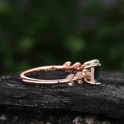 Princess cut Alexandrite engagement ring 14k rose gold leaf art deco unique vintage style engagement ring moissanite ring for women jewelry