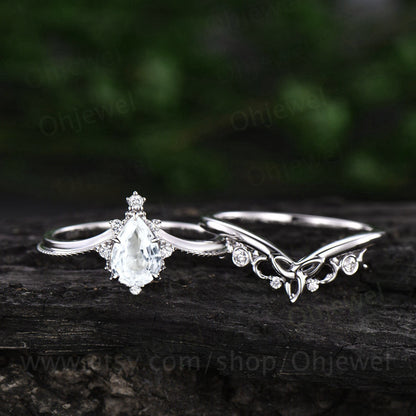 Pear shaped white sapphire engagement ring set 14k white gold unique vintage engagement ring moissanite ring for women Norse Viking jewelry
