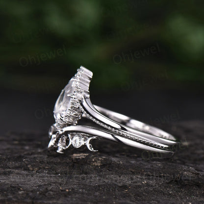 Pear shaped white sapphire engagement ring set 14k white gold unique vintage engagement ring moissanite ring for women Norse Viking jewelry