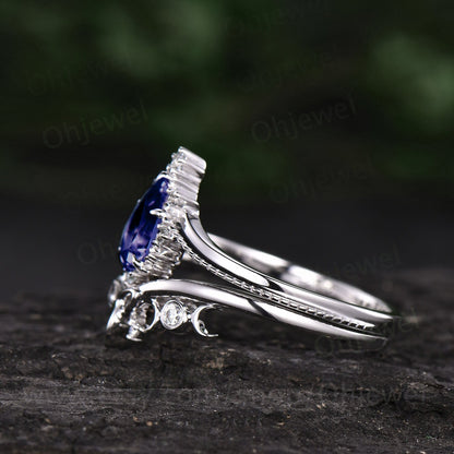 Pear shaped tanzanite engagement ring set 18k white gold milgrain unique vintage engagement ring celtic knot ring moissanite ring for women