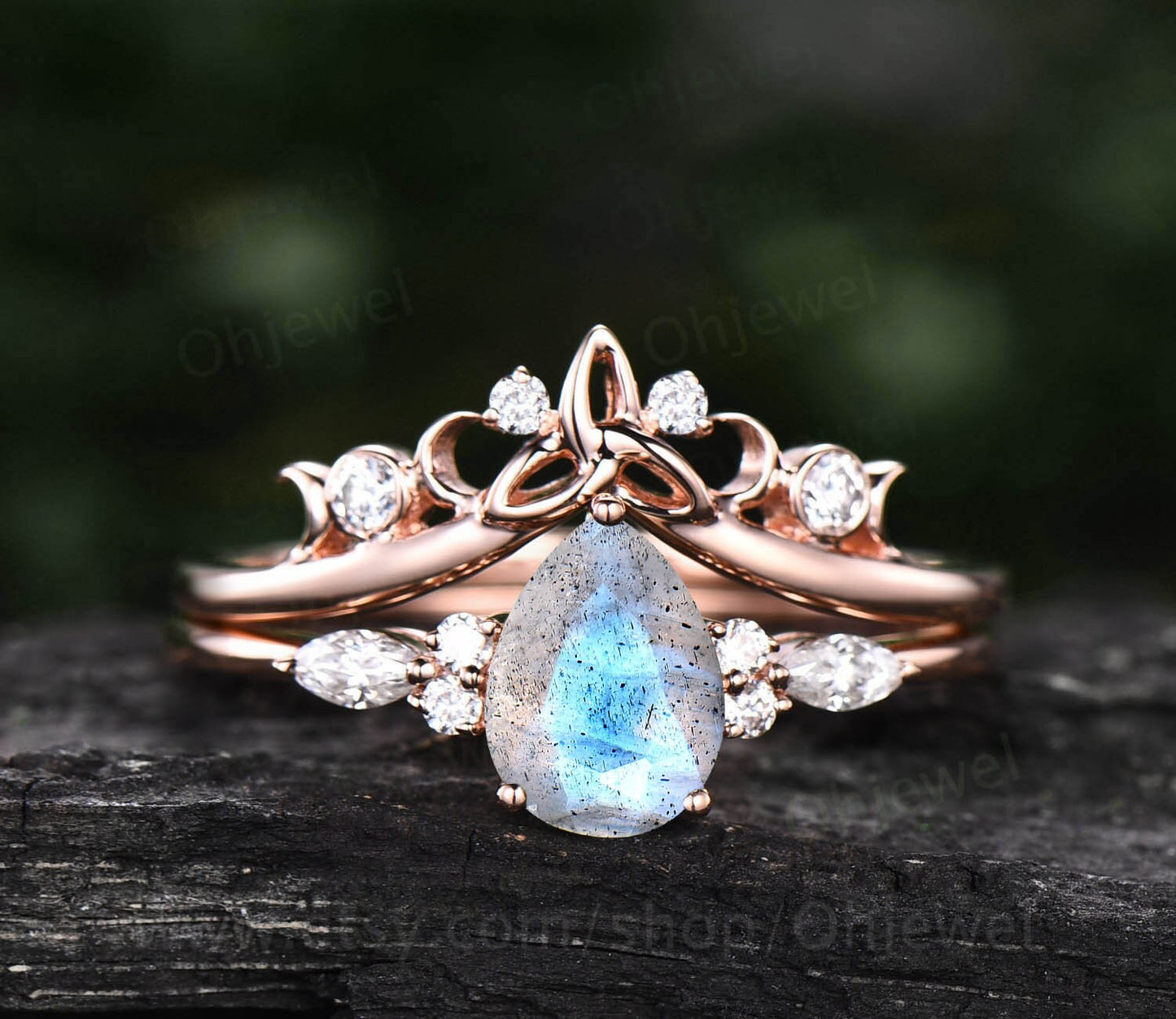 Unique pear shaped Labradorite engagement ring set for women art deco moissanite ring rose gold sterling silver norse viking ring jewelry