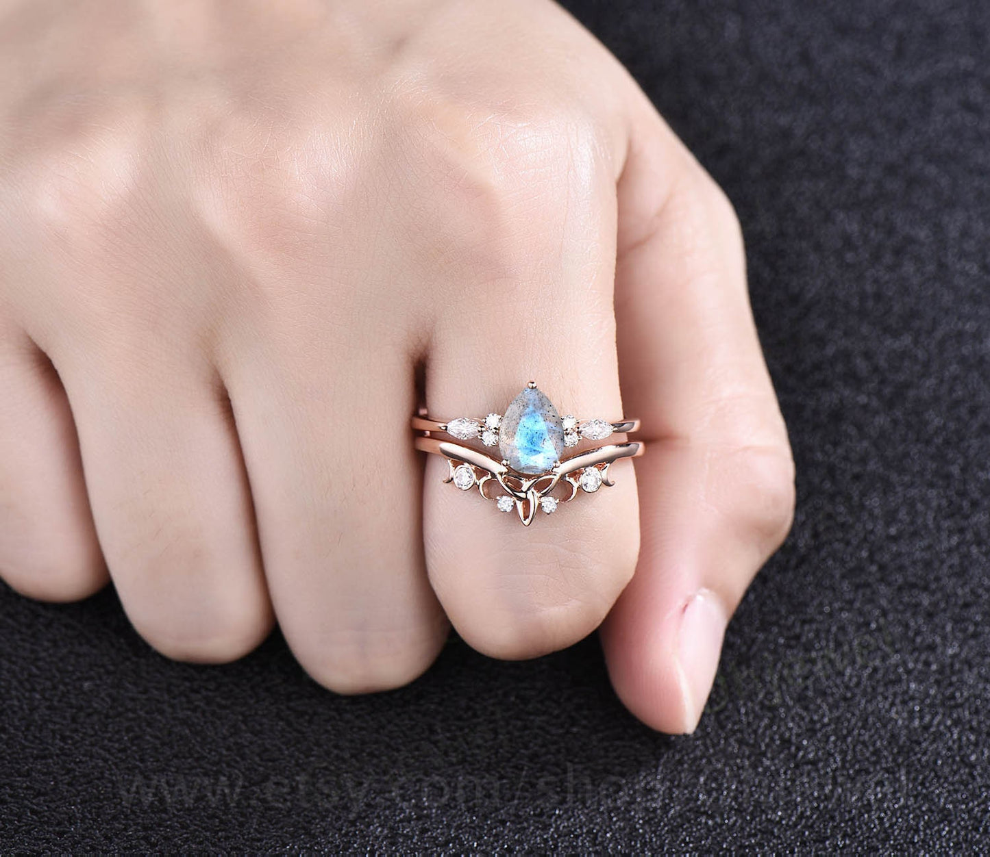 Unique pear shaped Labradorite engagement ring set for women art deco moissanite ring rose gold sterling silver norse viking ring jewelry
