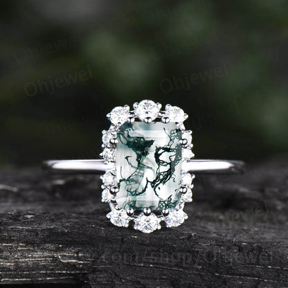 Unique moss agate ring emerald cut moss agate engagement ring for women vintage cluster halo moissanite ring gold silver dainty jewelry gift