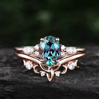Unique vintage Oval cut Alexandrite engagement ring set rose gold art deco moissanite wedding ring set for women norse viking ring Jewelry