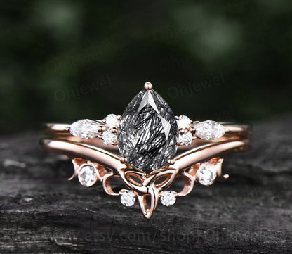 Unique vintage pear shaped black rutilated quartz engagement ring set art deco moissanite ring for women rose gold silver norse viking ring