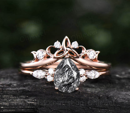 Unique vintage pear shaped black rutilated quartz engagement ring set art deco moissanite ring for women rose gold silver norse viking ring