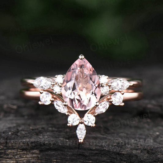 Unique pear shaped morganite engagement ring set rose gold art deco marquise moissanite ring Pink morganite ring for women bridal ring set