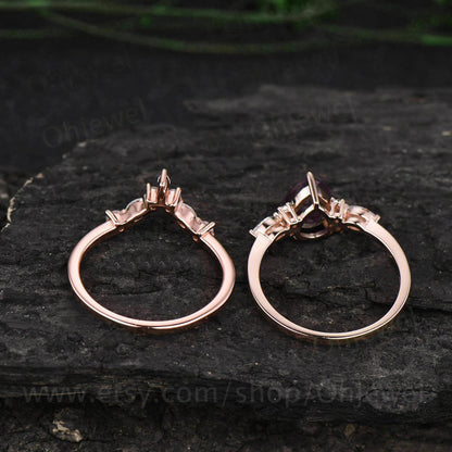 Unique pear shaped morganite engagement ring set rose gold art deco marquise moissanite ring Pink morganite ring for women bridal ring set