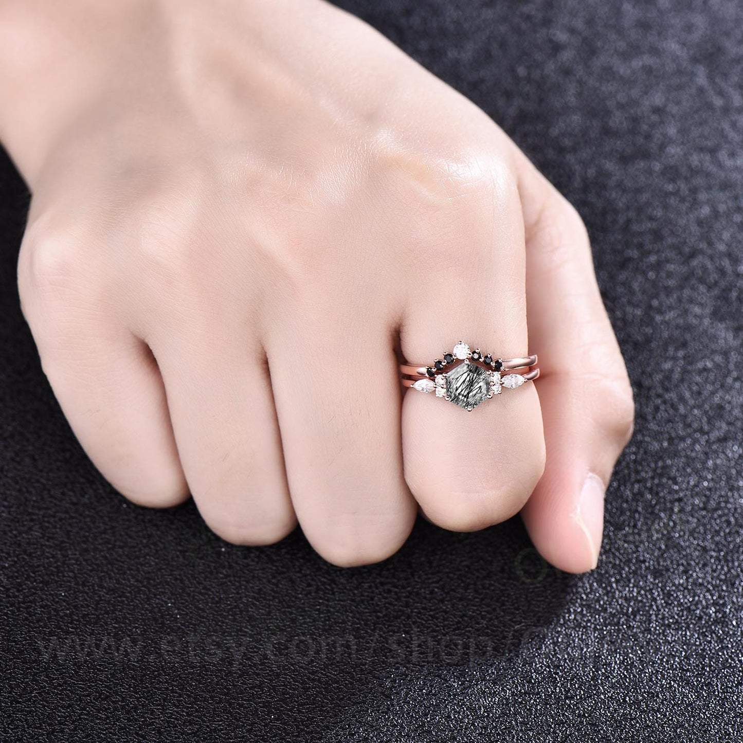 Unique Hexagon black rutilated quartz engagement ring set rose gold silver art deco marquise moissanite ring black diamond ring for women