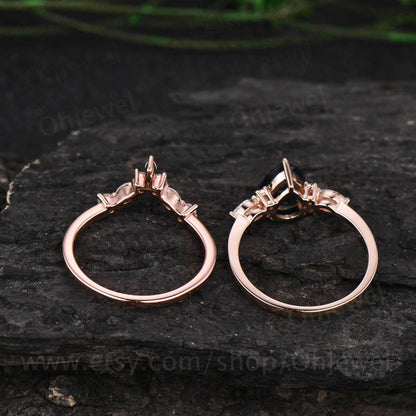 Pear shaped blue sandstone engagement ring set 14k rose gold vintage unique engagement ring moissanite ring set for women wedding ring set